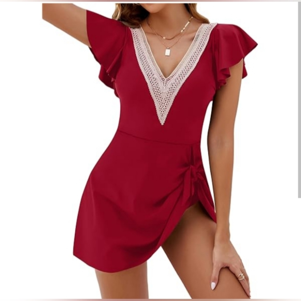 🆕 BLOOMING JELLY Scarlet Red Tummy Control Swim Dress | XXL NWT